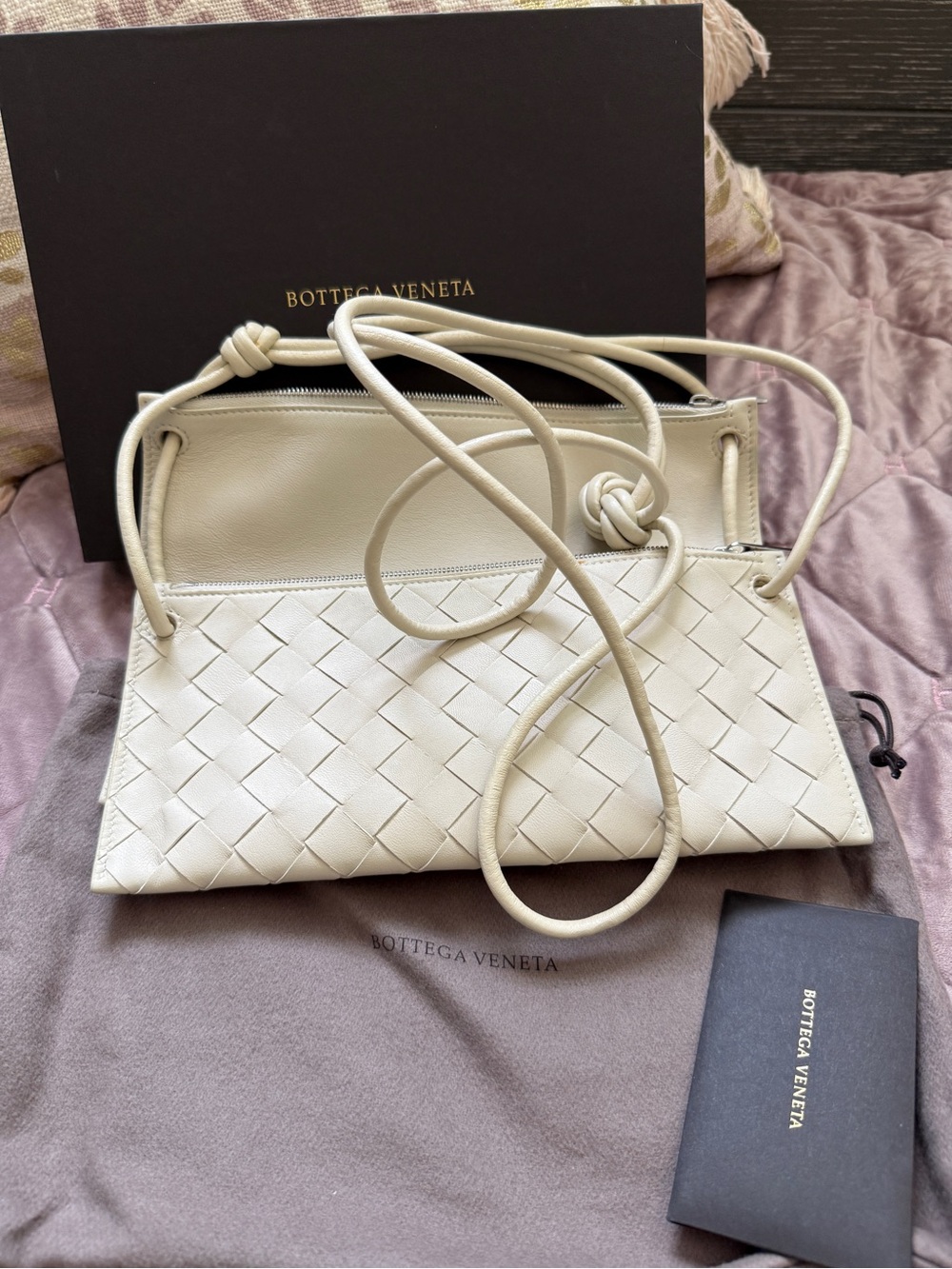 BOTTEGA VENETA White Intrecciato Nappa Leather Double Pouch Crossbody Bag